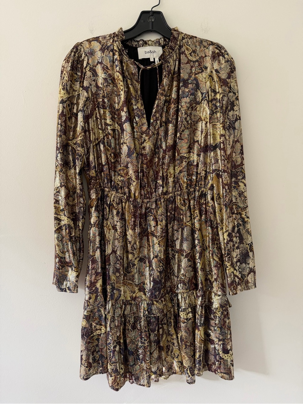 ba&sh Capi Metallic Paisley Tiered Tie Ruffle Long-Sleeve Dress Boho Gold Brown